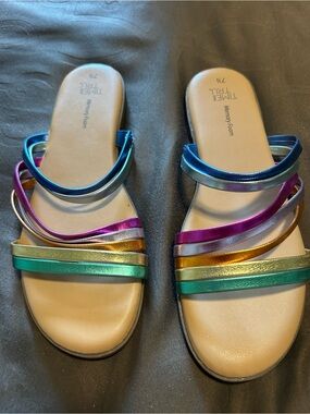 Time and Tru Metallic Multi-Strip Slide Sandals in Blue, Purple, Gold, Teal